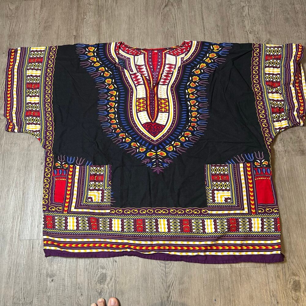 African Dashiki Shirt Unisex Plus Size Black Multicolor Tribal Tunic 30” Chest - Picture 1 of 7